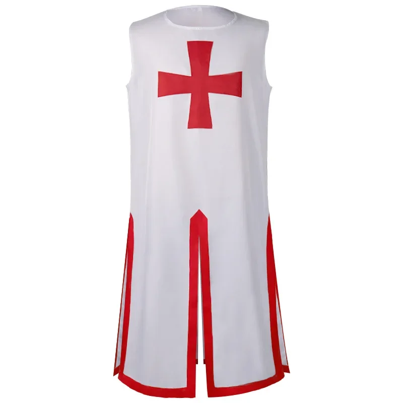 Medieval Cosplay Robes Costume Templar Knight Crusader Surcoat Long Short Sleeve Mens Tops Cross Tabard Belt Warriors Vest Coat