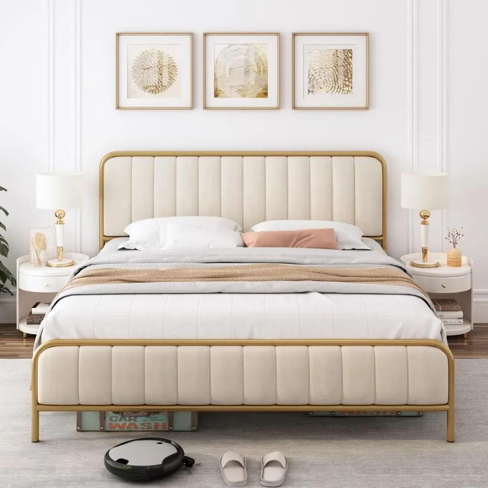 Queen Size Bed Frame with Button Tufted Headboard, Upholstered Heavy Duty Metal Mattress Foundation with Wooden Slats