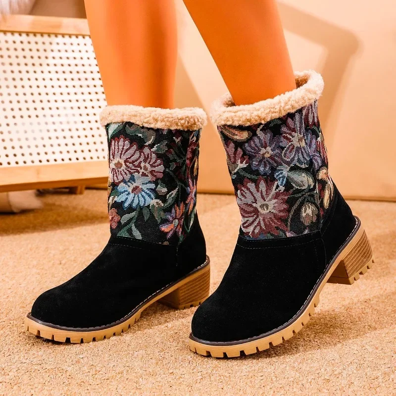 Ladies Shoes 2024 Fashion Slip-on Women's Boots Hot Sale Printing Casual Boots Women Winter Plus Velvet Plus Size Mid-Calf Boots