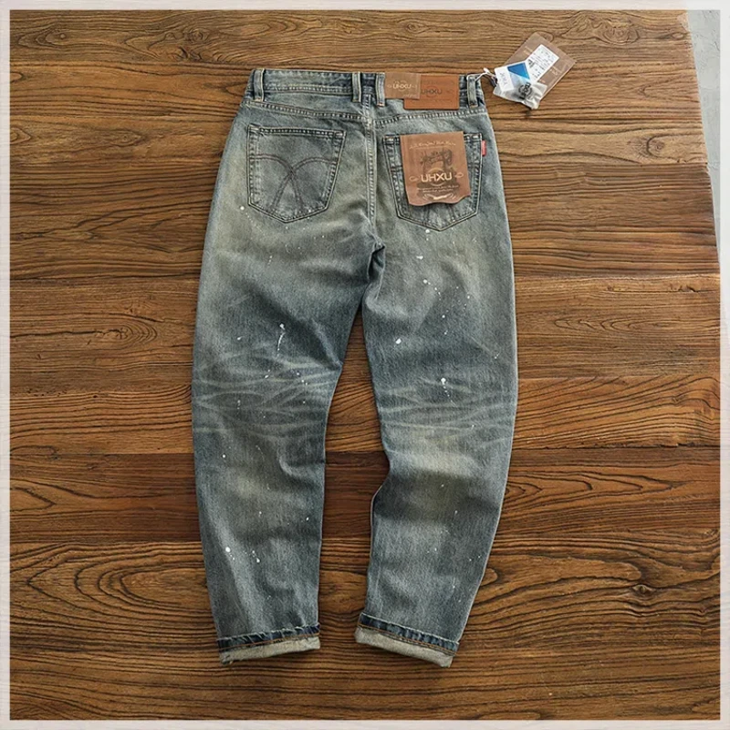 Medium thickness four seasons 12.5OZ Red denim pants Men's straight leg small foot spray painted cat to make old tapered pants