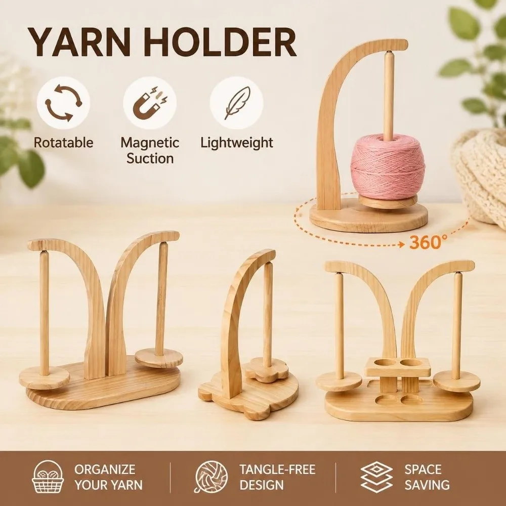 360° Rotatable Yarn Holder Wooden Magnetic Suction Yarn Spinner Space Saving Spinning Knitting Tools Thread Spool Holder Desktop