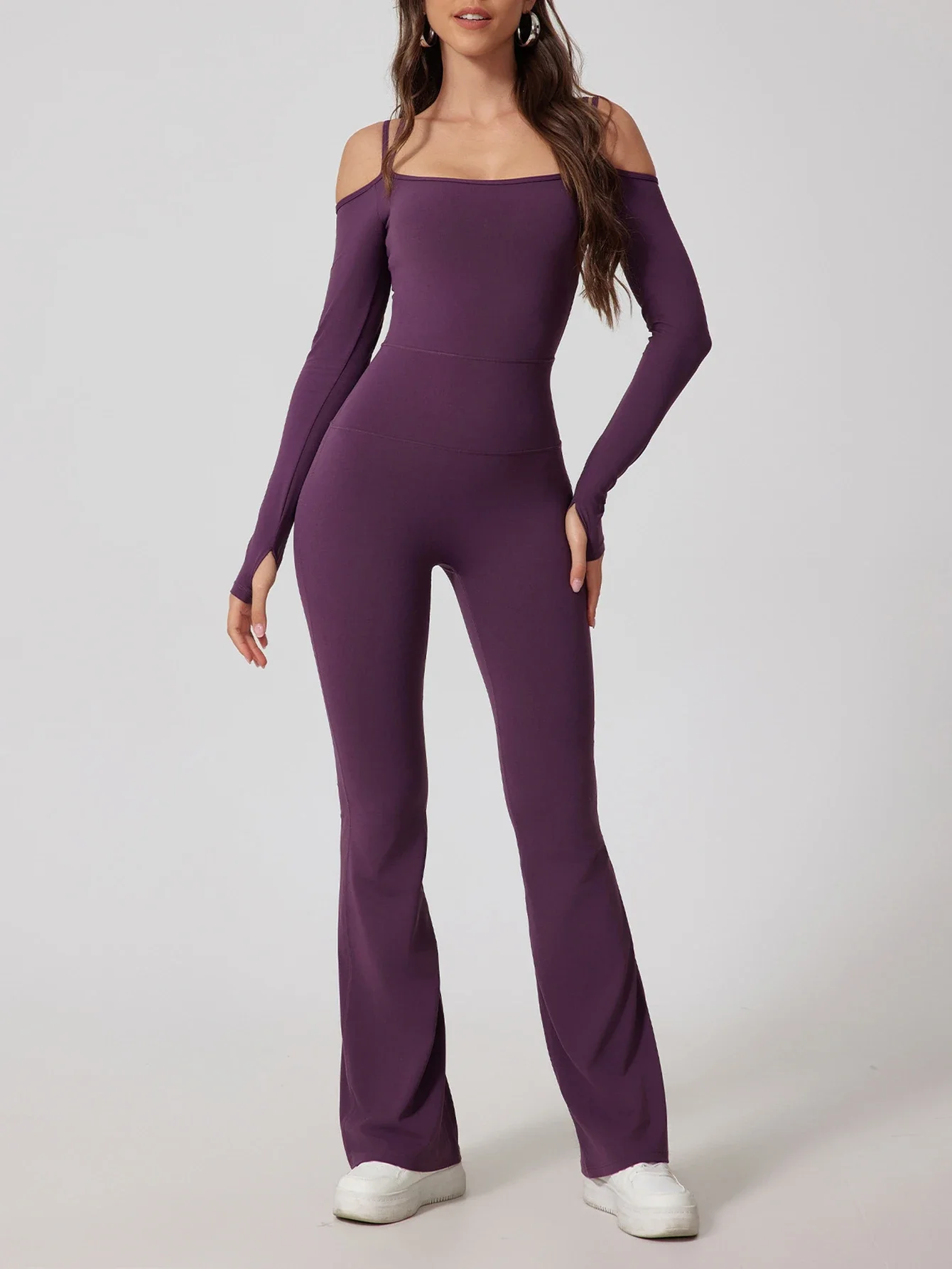 

Осенние комбинезоны 2025 г. Женские однотонные комбинезоны K-Fashion с длинными рукавами и квадратным вырезом, расклешенные повседневные комбинезоны в полный рост