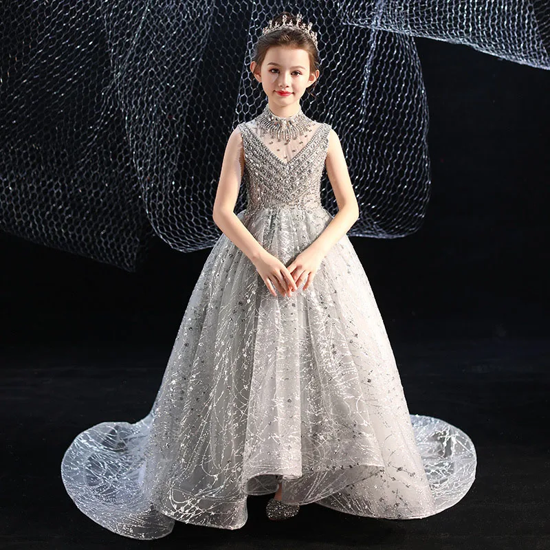 

Summer Children'S Evening Dress New Model Walk Show Princess Style Gray Trailing Show Host Piano Violin Birthday Party Performan