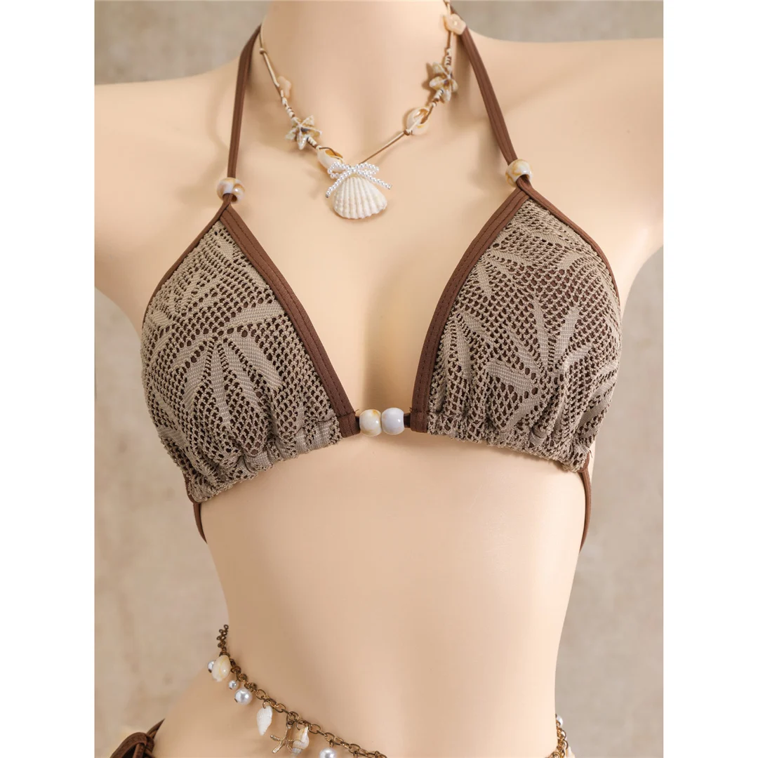 Mit Rockblättern bedruckter Neckholder-Bikini, Damen-Badeanzug, dreiteiliges Bikini-Set, Badebekleidung, Badeanzug, Schwimmbekleidung V8419 – Detail 14