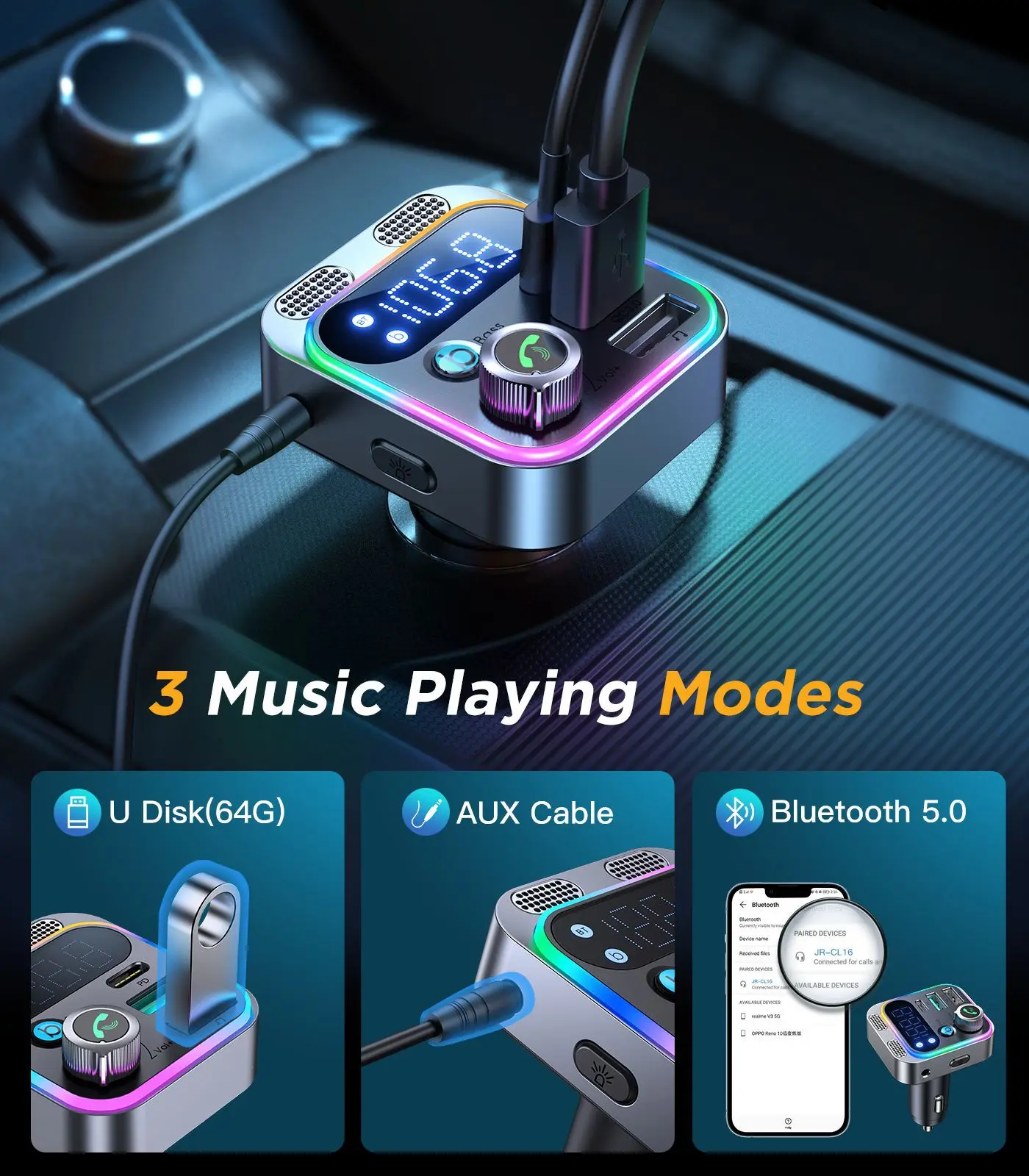 Car Cigarette Lighter Bluetooth 5.0 Receiver FM Transmitter Stereo Mp3 Player Auto PD QC3.0 Charger Car Electronics Accessories