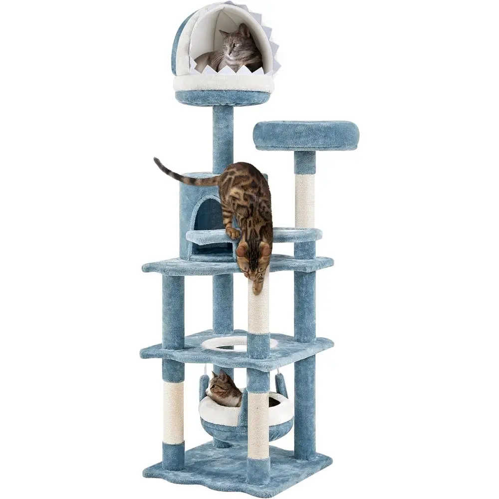 

61 Multi-Level Ocean-Themed Cat Tower with Fish-Shaped Nest, Sisal Posts, Plush Bed