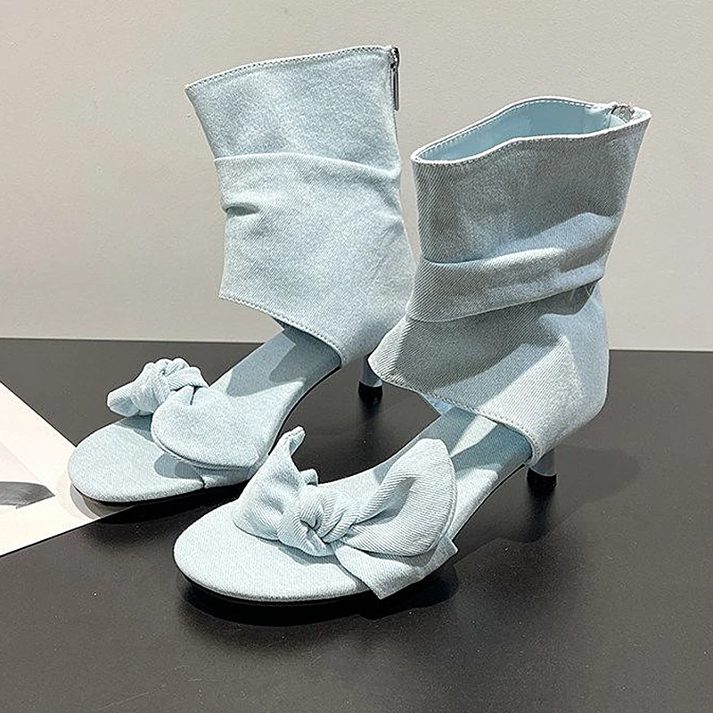 

Шикарные элегантные женские босоножки на высоком каблуке во французском стиле, сексуальные летние ковбойские сапоги с открытым носком, с бантом, с эффектом мятой ткани, нескользящие, размер 43