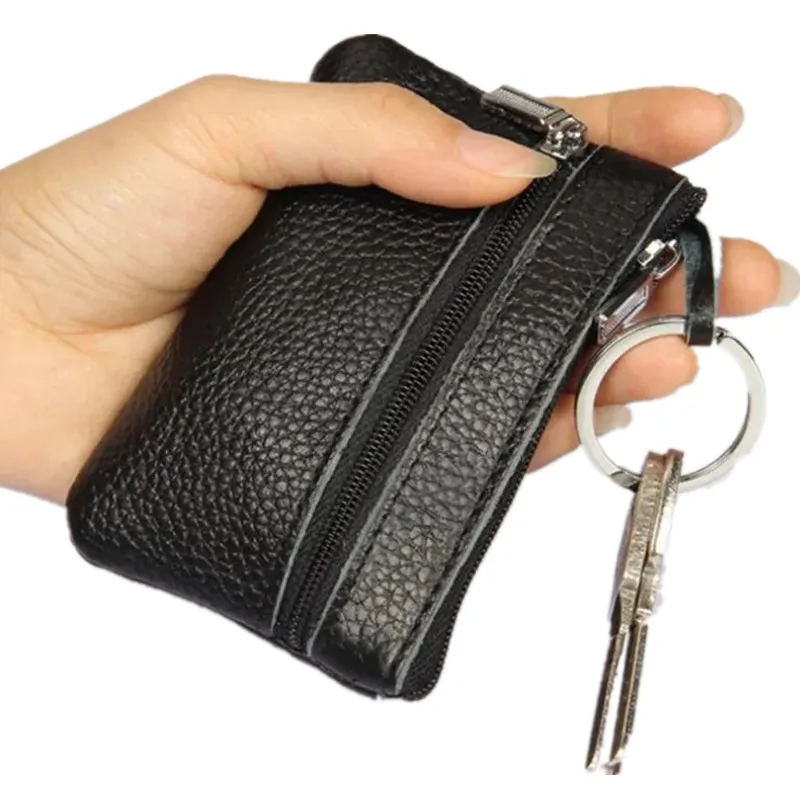 Fashion Solid Color Genuine Leather Coin Purse Unisex Card Bags Multifunction Zipper Key Wallet Top Grain Cowhide Mini Pouch