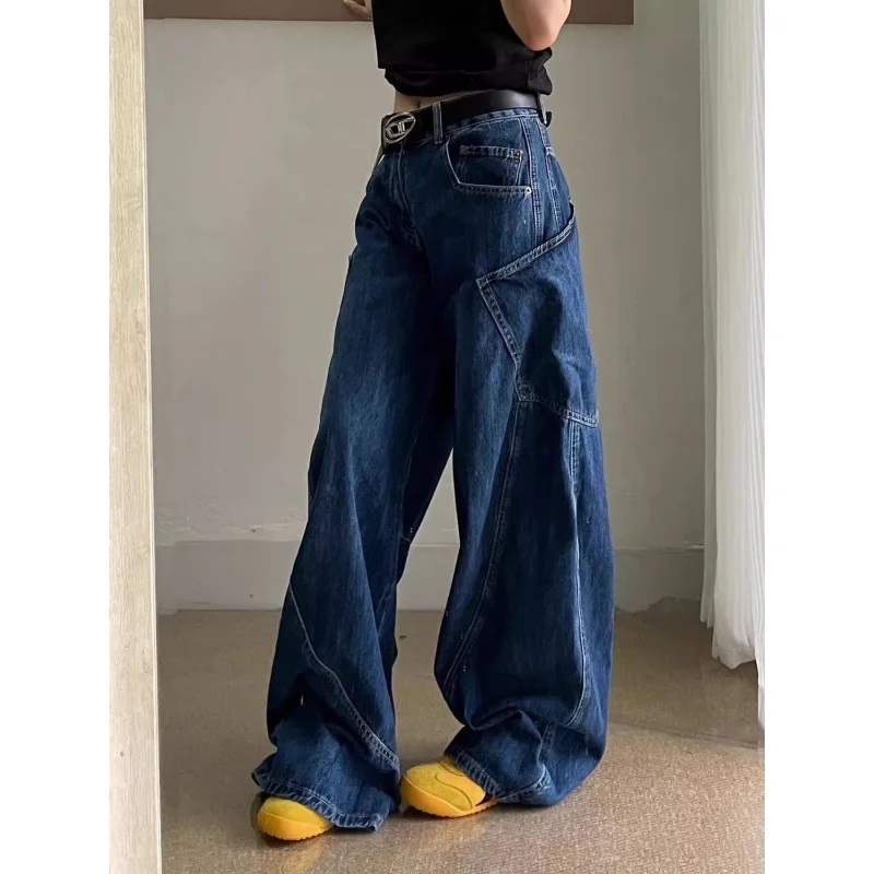 

Женские темно-синие широкие джинсы-карго 2026, повседневные модные уличные модные свободные джинсовые брюки с высокой талией и нашивками