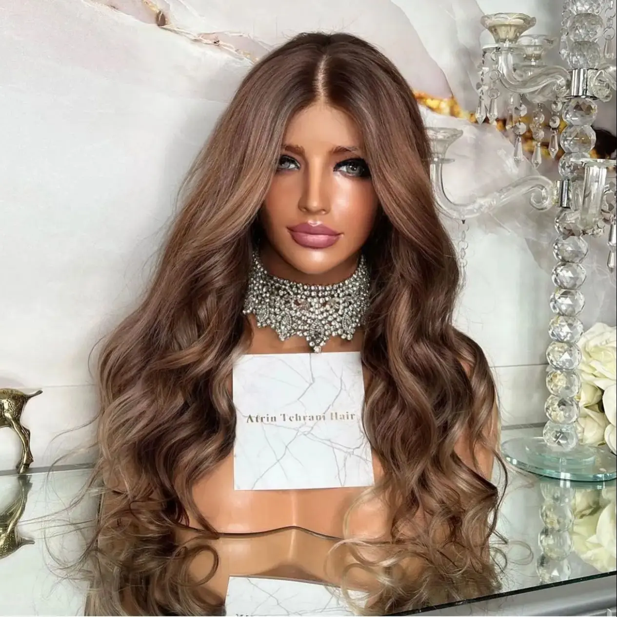 Chocolate Brown Synthetic Fibre Lace Front Wig with Blonde Highlights Melted Dark Roots Glueless Free Style Wavy Hair Female Wig