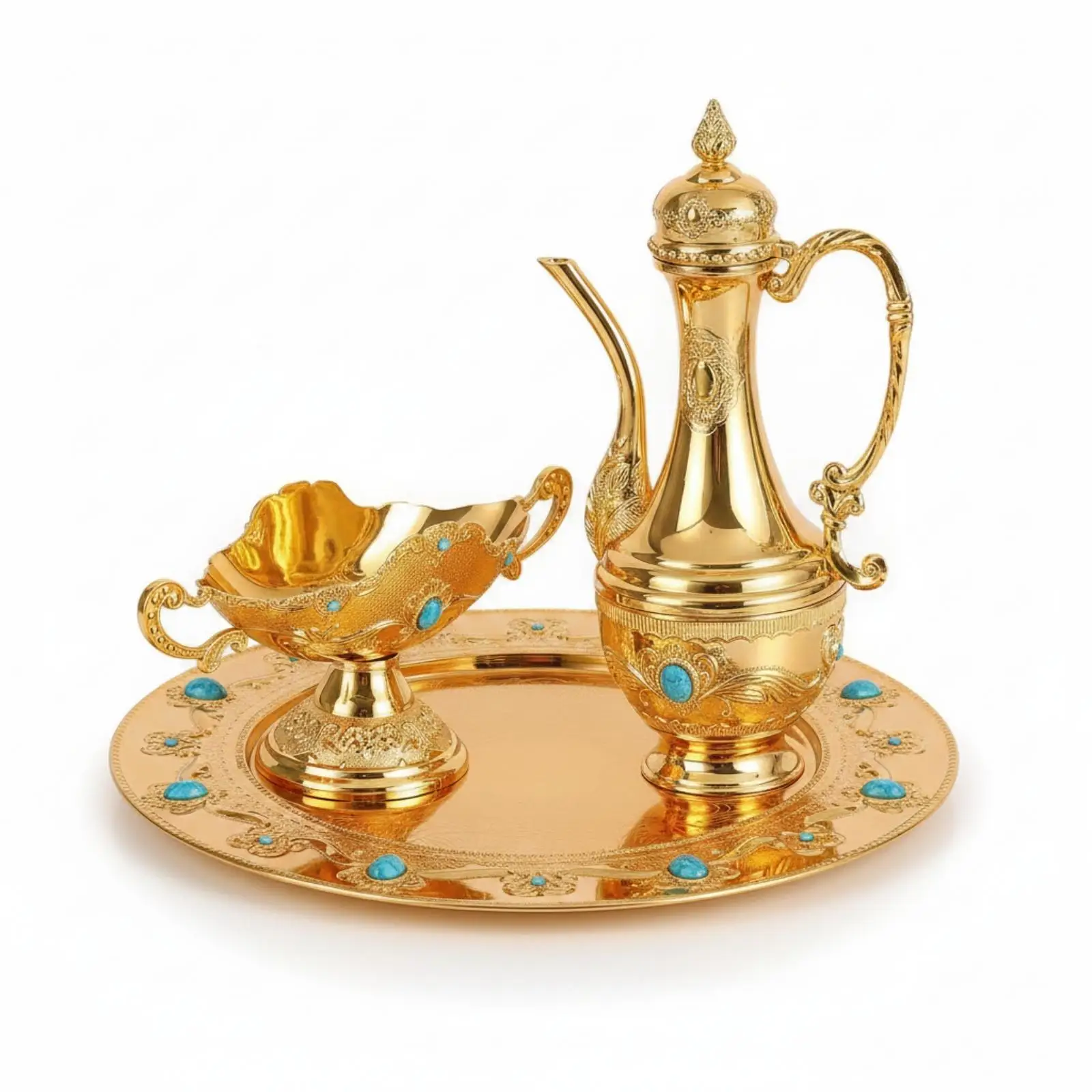 Decorative Gold Beverage Service Tray Set with Turquoise Inlay Details for Elegant Home Entertainment