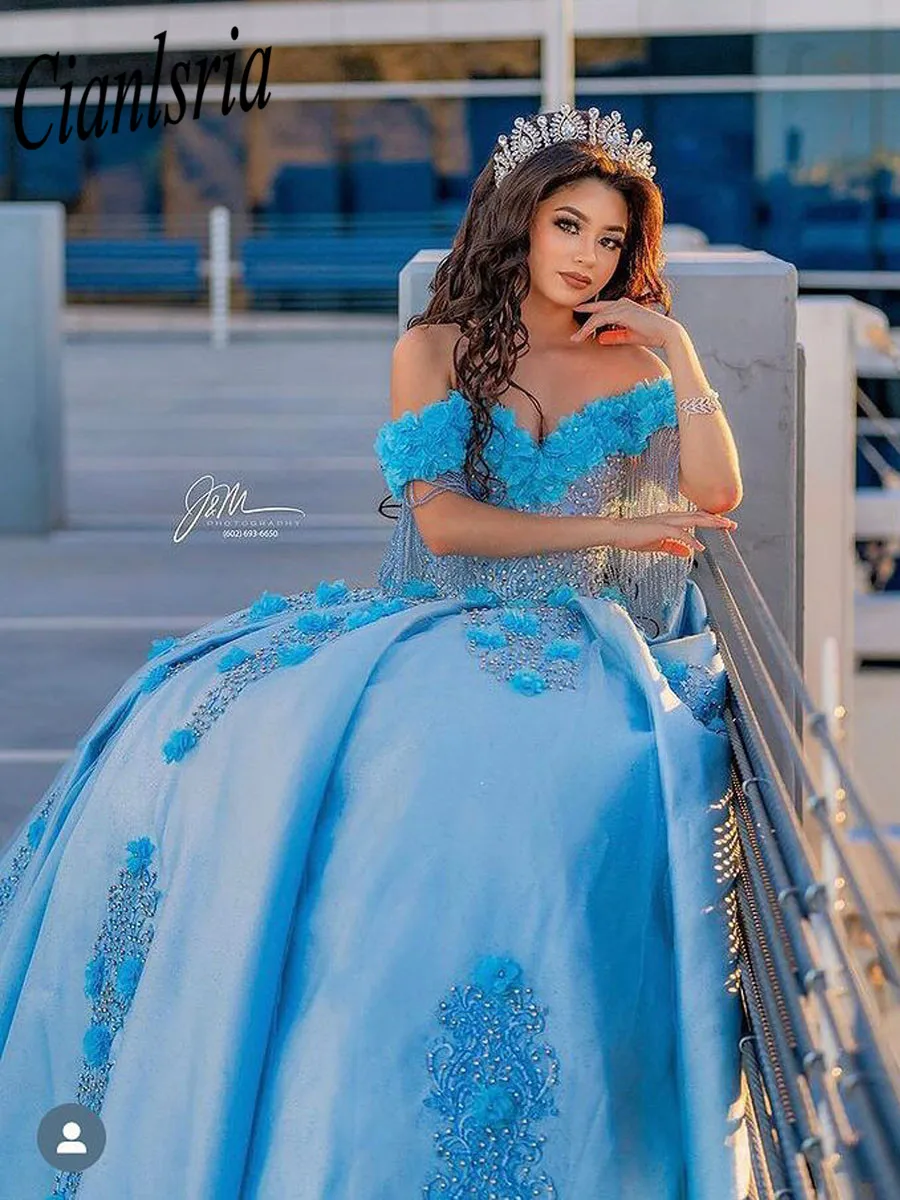 

Modest Quinceanera Dresses Ball Gown Sweetheart Off The Shoulder Lace Appliqued 3D Flowers Sweet 16 Dresses Prom Gown