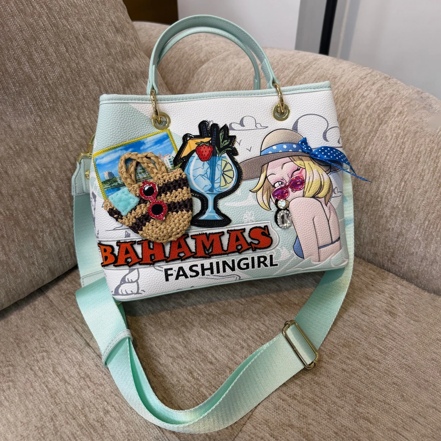 Y2K 3D Applique Funny Cartoon Girl PU Tote Crossbody Shoulder Hand carry Bag Bahamas Beach Embroidery Ladies Daily Bag Commute