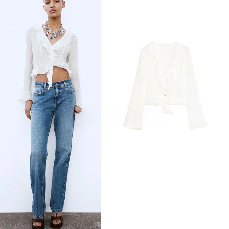 

Spring New Women's White Pleated Effect Layered Decoration Semi-Transparent Long Sve V-Ne irt Slim Fit Commute Sle