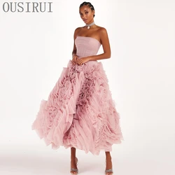 OUSIRUI Luxury Short Evening Dresses for Women Wedding Party 2024 New Elegant Pink Backless Midi Formal Prom Gowns With Flowers