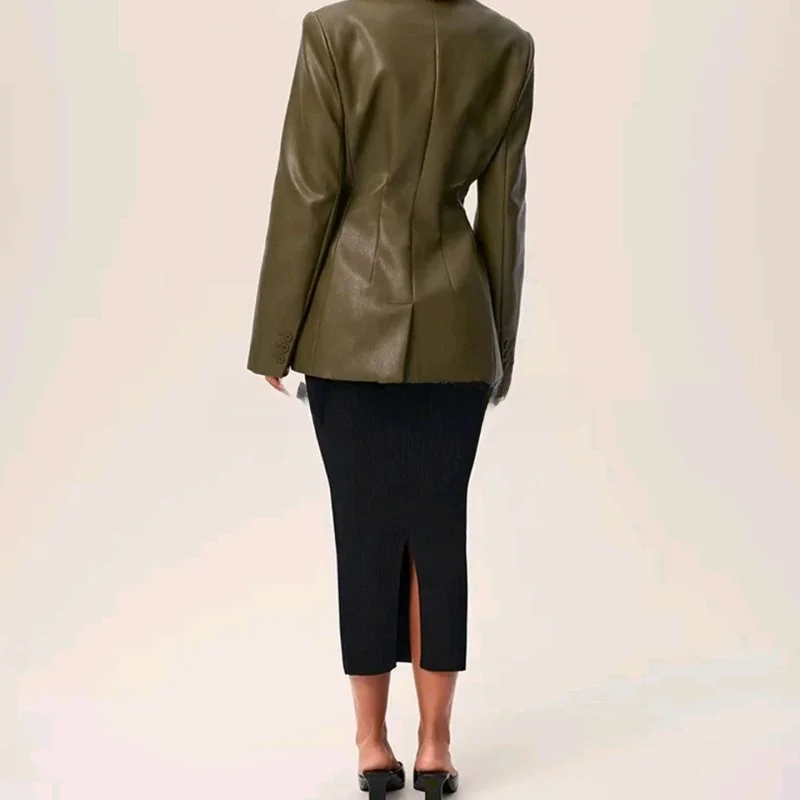 Cappotto slim fit V-Ne in pelle PU Jaet con un bottone ingombrante in vita Autunno Cappotto lungo da pendolarismo da donna nuovo