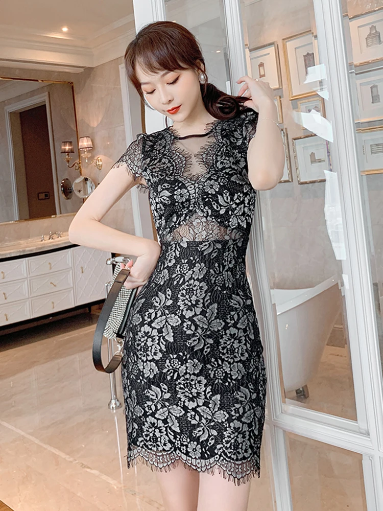 Fashion Summer Vintage O-Neck Short SleeveMini Party Dress Ladies Elegant Casual Lace Patchwork Perspective Black Pencil Dress