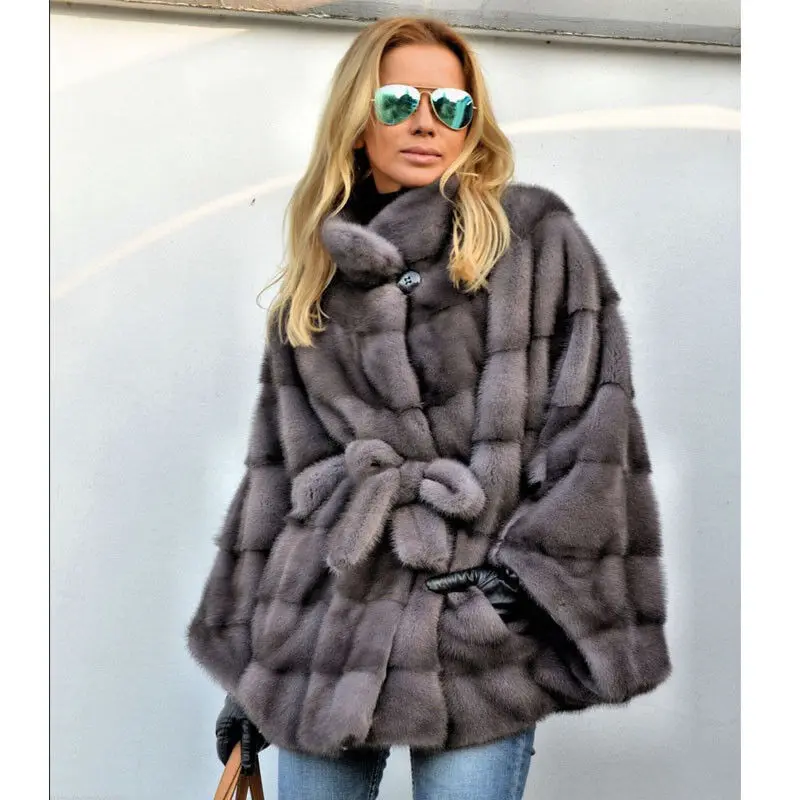 Women Real Natural Mink Fur Poncho Cape Waist Belted Whole Skin Mink Fur Coat Luxury Winter Warm Jacket Real Fur Overcoat