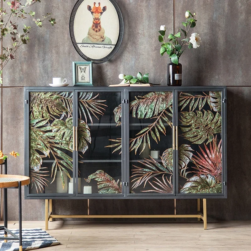 

Retro entrance cabinet painted glass wrought iron metal double door art storage