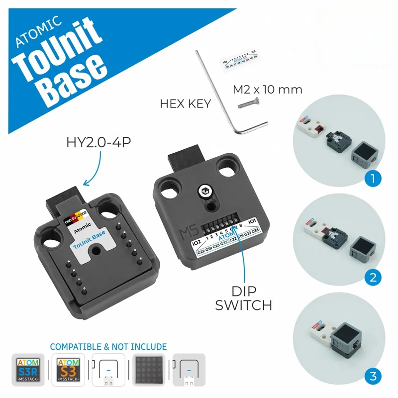 The official M5Stack Atomic ToUnit Base is an adapter board for the Atom series to connect the Chain interface.