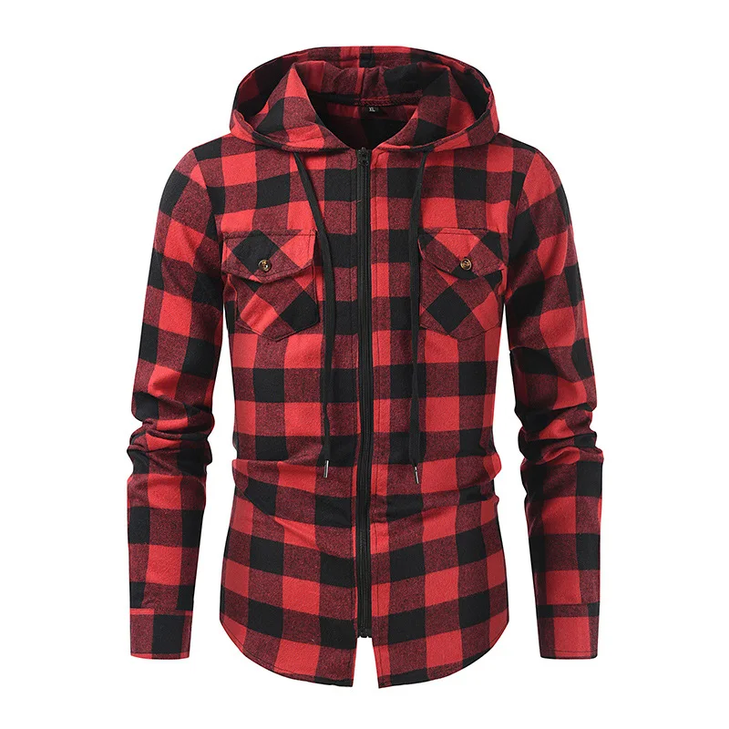 Mens Red Plaid Hooded Shirts Casual Long Sleeve Zipper Shirt Jackets Men Hip Hop Streetwear Shirt Camisa Social Masculina XXXL