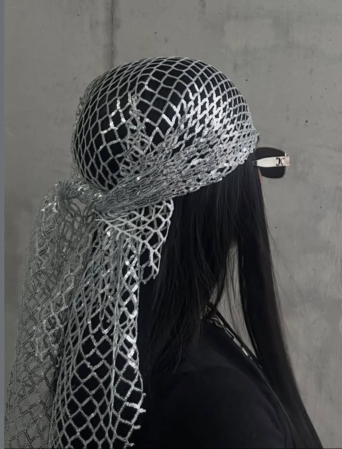 

Fashion Mesh Headscarf For Women Glitter Wave Cap with Long Tail Net Headwrap Y2K Party Headdress