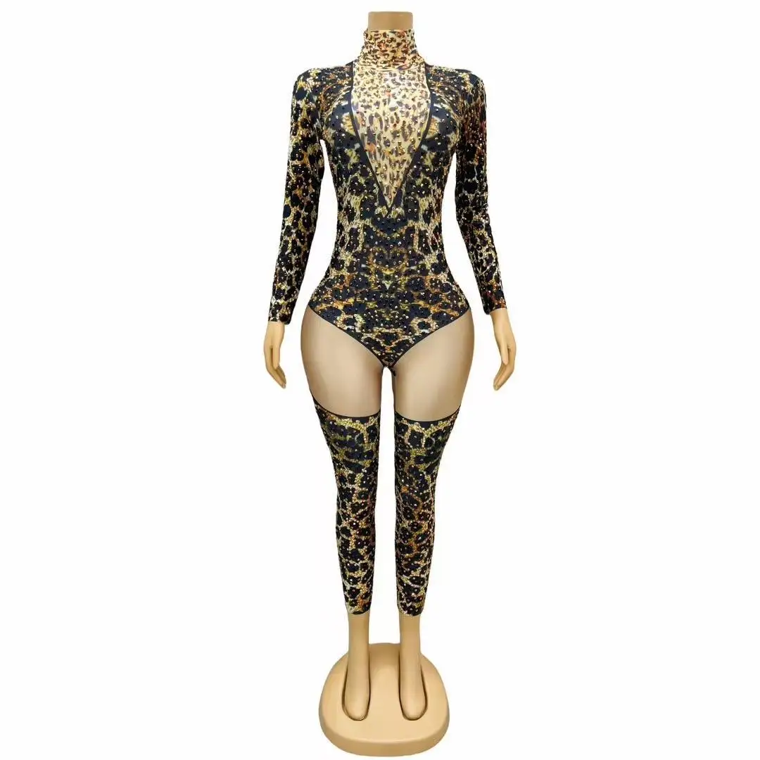 Sexy Leopard Printed Women Long Sleeve Sexy Spandex Jumpsuit Performance Costume Nightclub Party Stage Wear Liebao