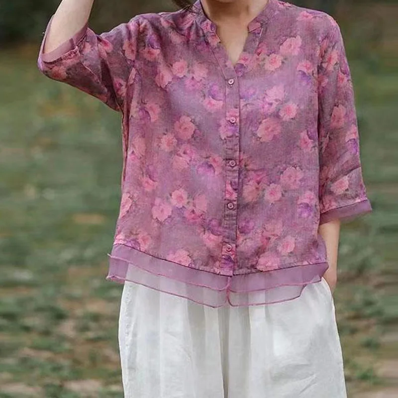 Female Casual Vintage Printed Single-breasted Blouse Summer New Women\'s Clothing Fashion Temperament V-Neck 3/4 Sleeve Shirt