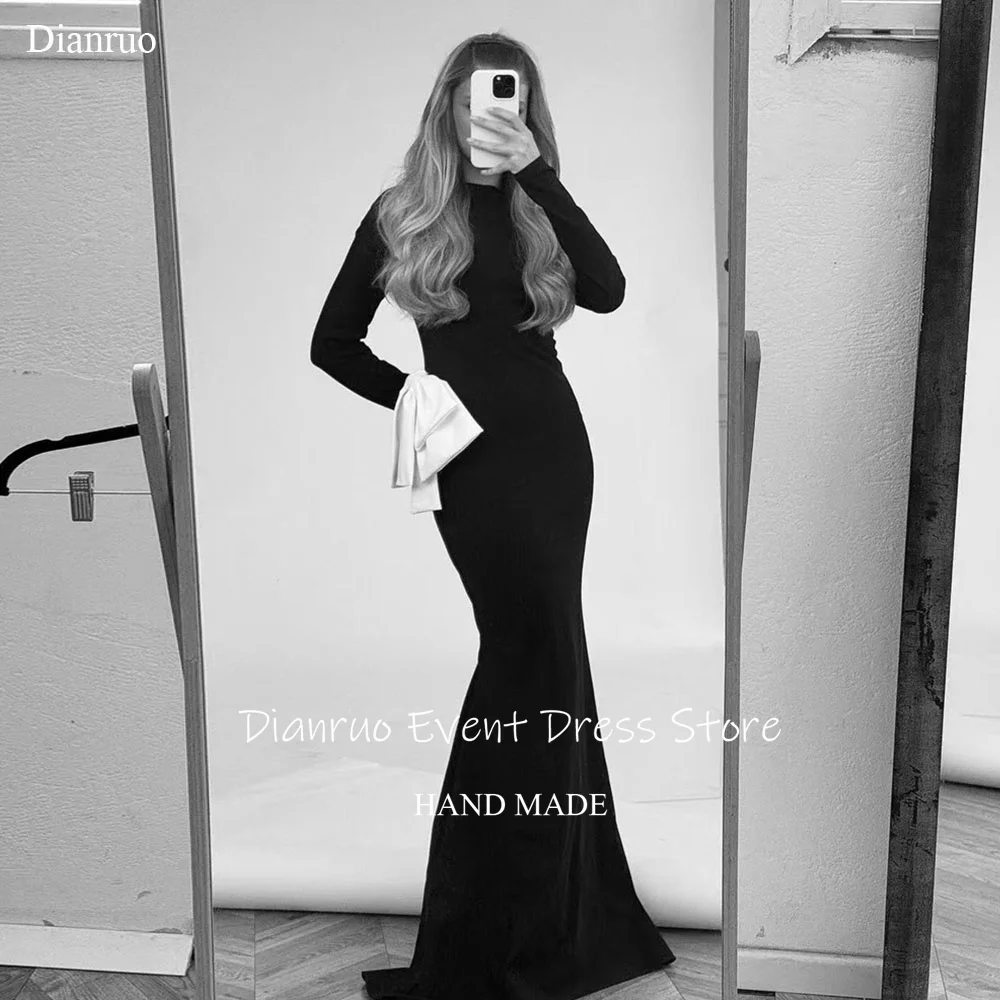 

Dianruo Elegant Black Satin Formal Evening Dresses Long Round Neck Robes De Soirée Mermaid Bow Vestido De Fiesta Customized