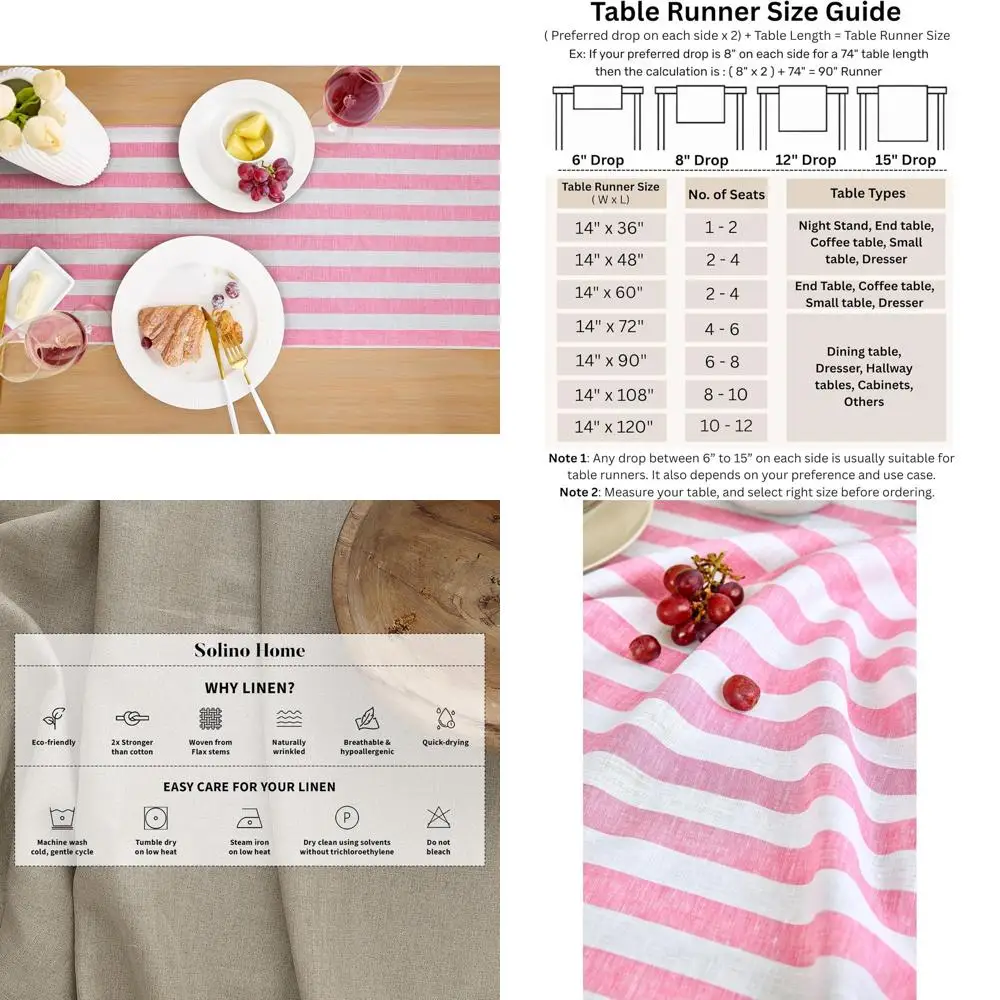 

Скатерть для фермерского дома из чистого льна, 14x108 дюймов, полосатый дизайн для столовой