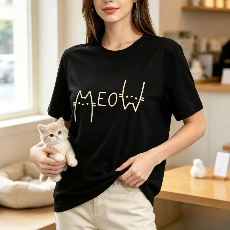 MEOW Cat Line Art Front Print T‑Shirt Modal Women Short Sleeve Tee Minimal Kitten Graphic Casual Streetwear Weekend Hangout Top