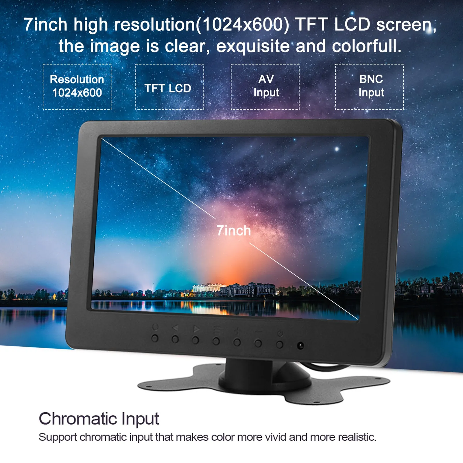7in HD Monitor 1024x600 16:9  LCD Monitor Support BNC AV Video Input for Home Car Monitoring PC Security VCD DVD