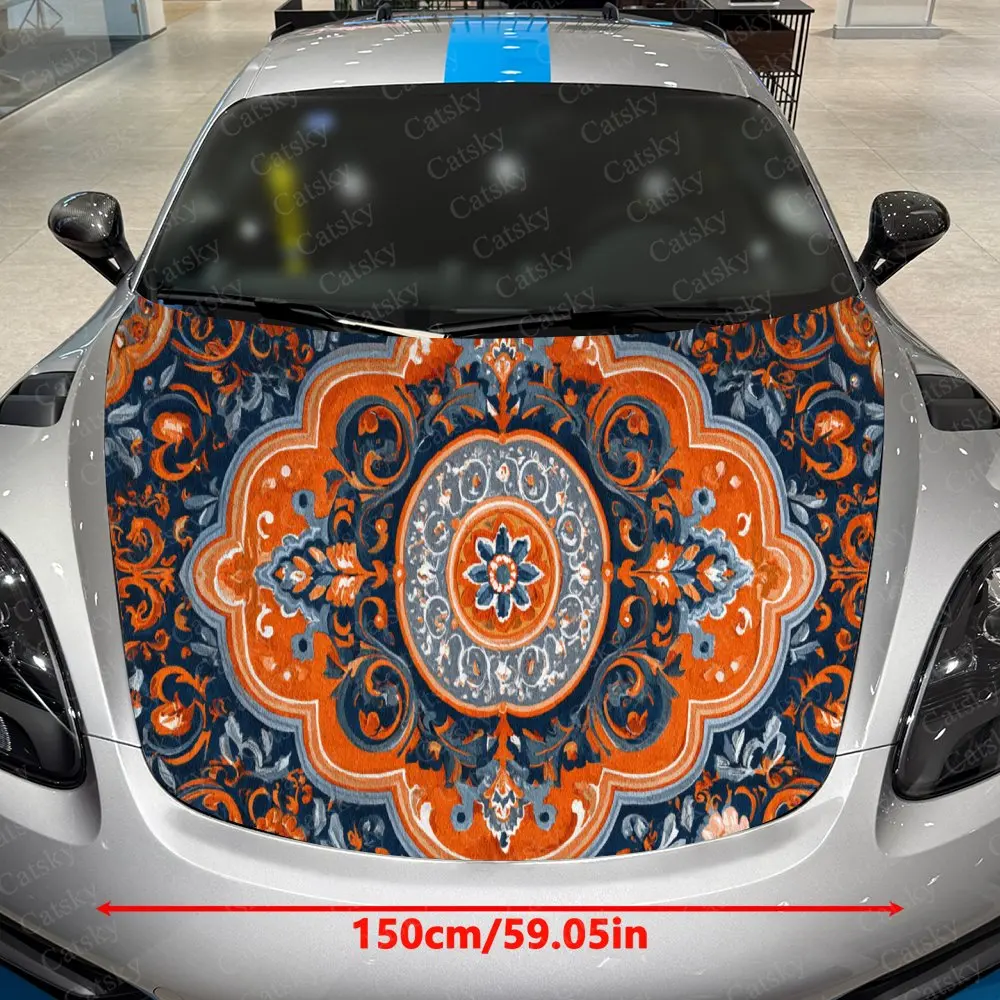 Colorful Boho Floral Pattern Auto Hood Sticker, Car Cover Decal, Waterproof and Self-adhesive Auto Vinyl Wraps, Fashionable Car