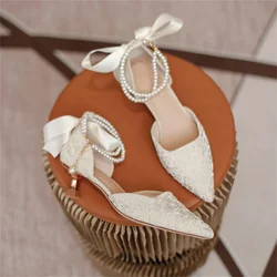 Women Pumps Ladies Pearl Bow High Heels Female Luxury Satin Sandals Pointed Toe Brand Dress Party Wedding Shoes Size 34-39