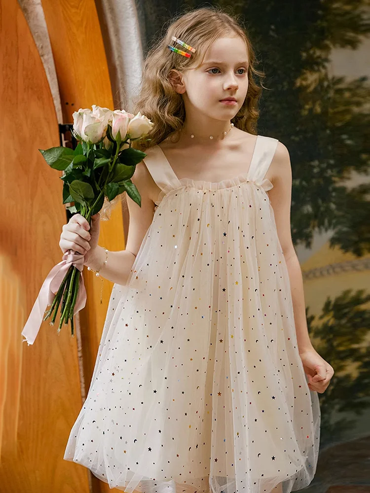 

Baby Girls Summer Sleeveless Slip Dresses Beige Loose Gauze Princess Wedding Party Bridemaid Dress Stars Moons Sequins Kid Dress