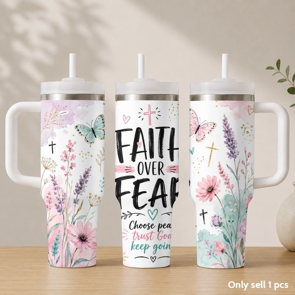 Christ's Prayer Text Vacuum Flasks 40oz Stainless Steel Insulated Tumbler with Handle & Straw Leakproof Travel Mug