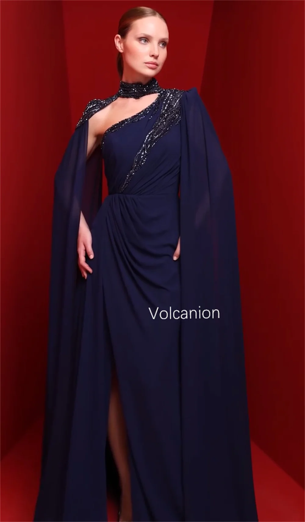 Customized Chiffon Pleat A-line High Collar Long Dresses Bespoke Occasion Cocktail Exquisite Fashion Matching