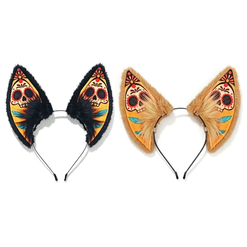 Faux Furs Animal Ear Headband with Colorful Skull Pattern, Metal Costume Accessories Hairhoop for Day of the Dead Y08E