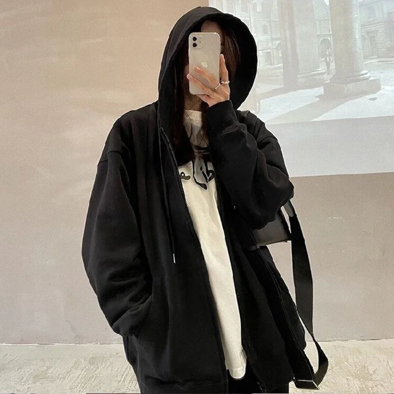 Autumn Oversized Zip Up Hoodie Women Korean Fashion Zipper Coats Casual Hooded Sweatshirt Streetwear Poleron Baggy Solid Hoodies