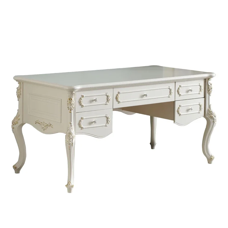 European-style luxury computer  high-end bedroom writing  solid wood ivory white desk study furniture