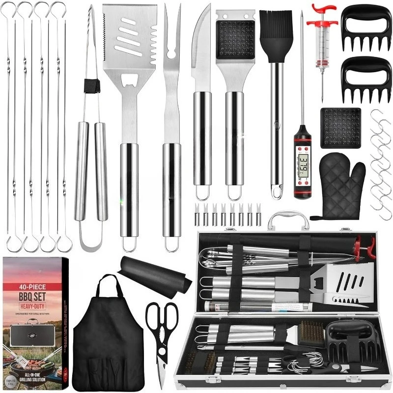 

Аксессуары для барбекю, полный набор гриля, подарки для папы на Рождество, 40 шт., сверхпрочный гриль-барбекю премиум-класса из нержавеющей стали