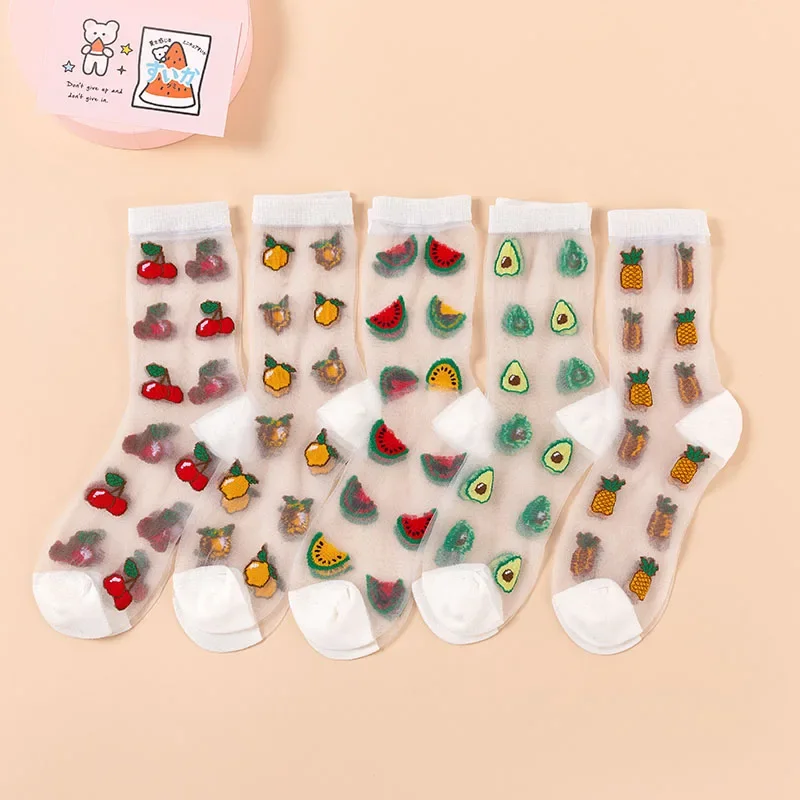 Korean Style Thin Transparent Funny Socks Women Fruit Avocado Watermelon Pineapple Creative Design Glass Skarpety Lace Sokken