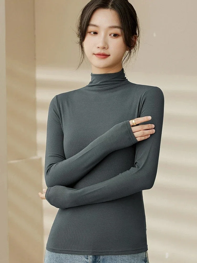 Frühling Herbst Hälfte Rollkragen Pullover Bodenbildung Shirt Frauen Inneren Tragen Mode Schlank Schwarz Verdickt Langarm Tops Kleidung