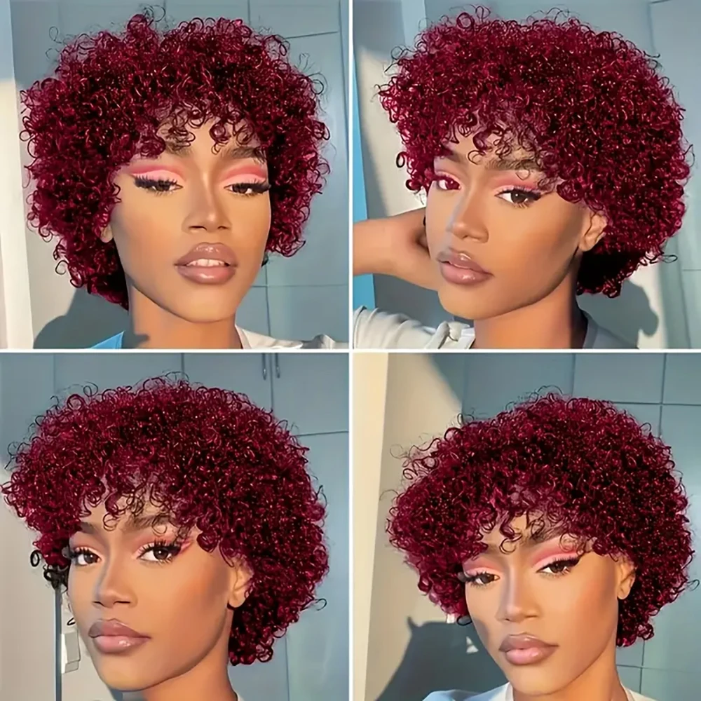 짧은 픽시컷 가발 브라질산 인모 가발 버건디 딥 웨이브 컬리 머신 메이드 스트레치 캡 흑인 여성용 딥 웨이브 컬리