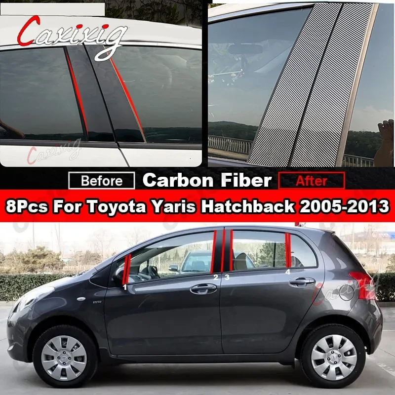 8x okno samochodu kolumna drzwi BC nakładki wykończenie dla Toyota Vitz Yaris XP90 Hatchback 2005-2013Carbon czarny naklejka na komputer