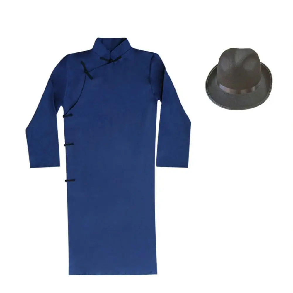Mens Retro Style Long Changshan Chinese Traditional Performance Costume Teacher Cosplay Outfit Breathable Gown