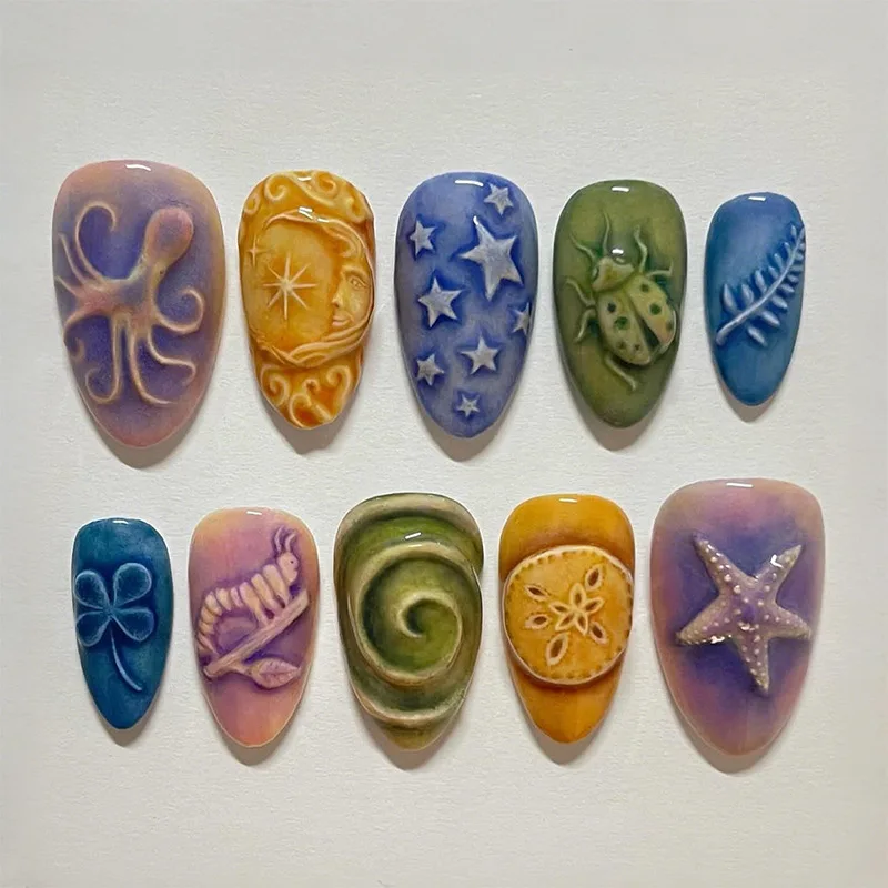 24Pcs Mid-length Almond Press on Fake Nails with Insect Flower Button Design Full Cover Nails Tips Reusable Finished False Nails
