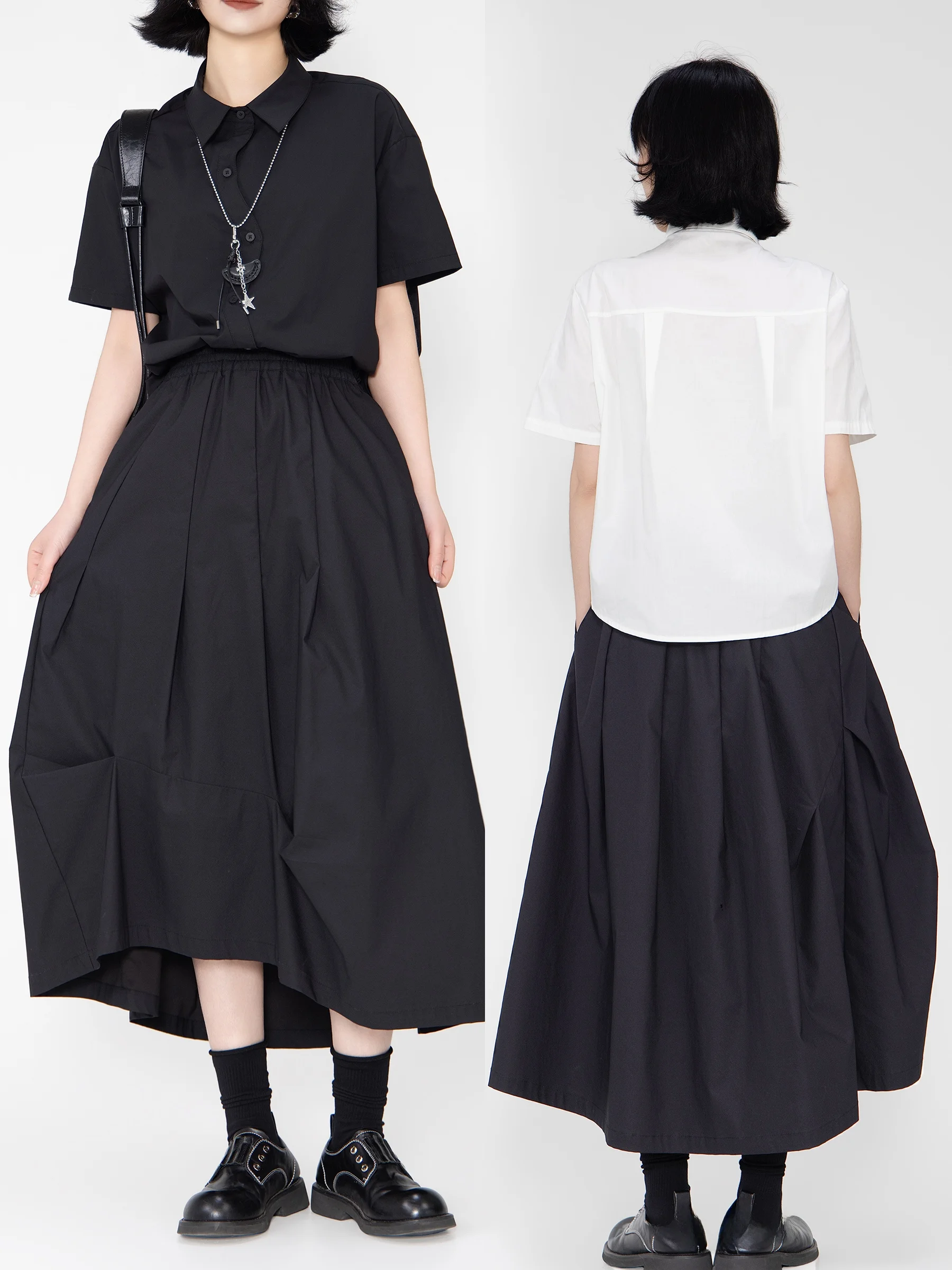 

Dark Romantic Asymmetrical A-Line Skirt High Waist Cotton Blend Fabric Gathered Hem Lazy Style Spring Summer New Arrival