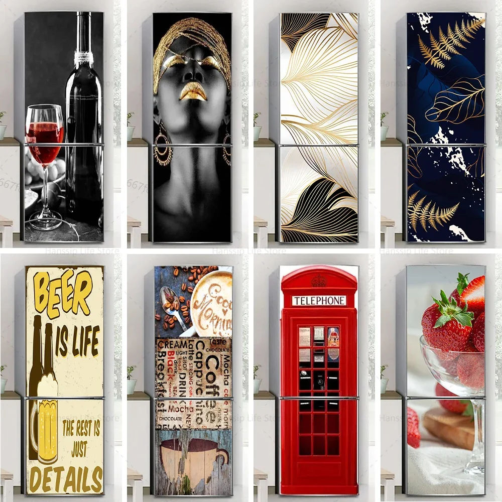 

Red Wine Glass Mural Refrigerator Door Art Mural Sticker, Peel and Stick Phone Booth Coffee Wallpaper for Fridge Door Decals