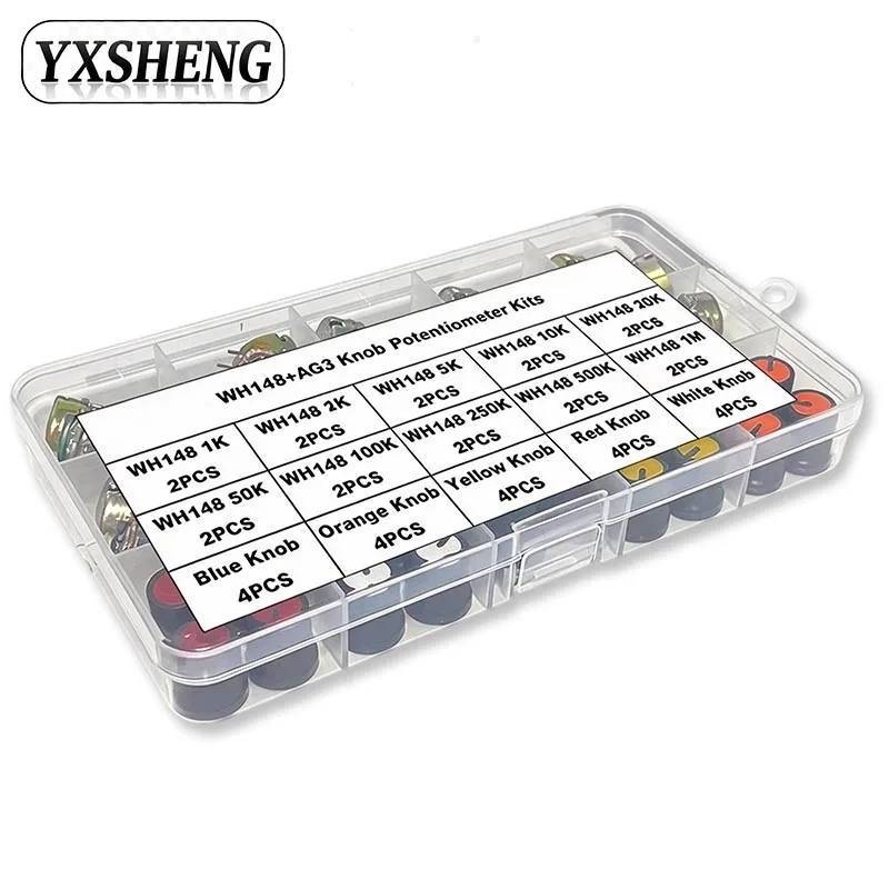 WH148 KIT 20Sets 15mm Single Potentiometer B1K B2K B5K B10K B20K B50K B100K B250K B500K B1M With AG3 Knob